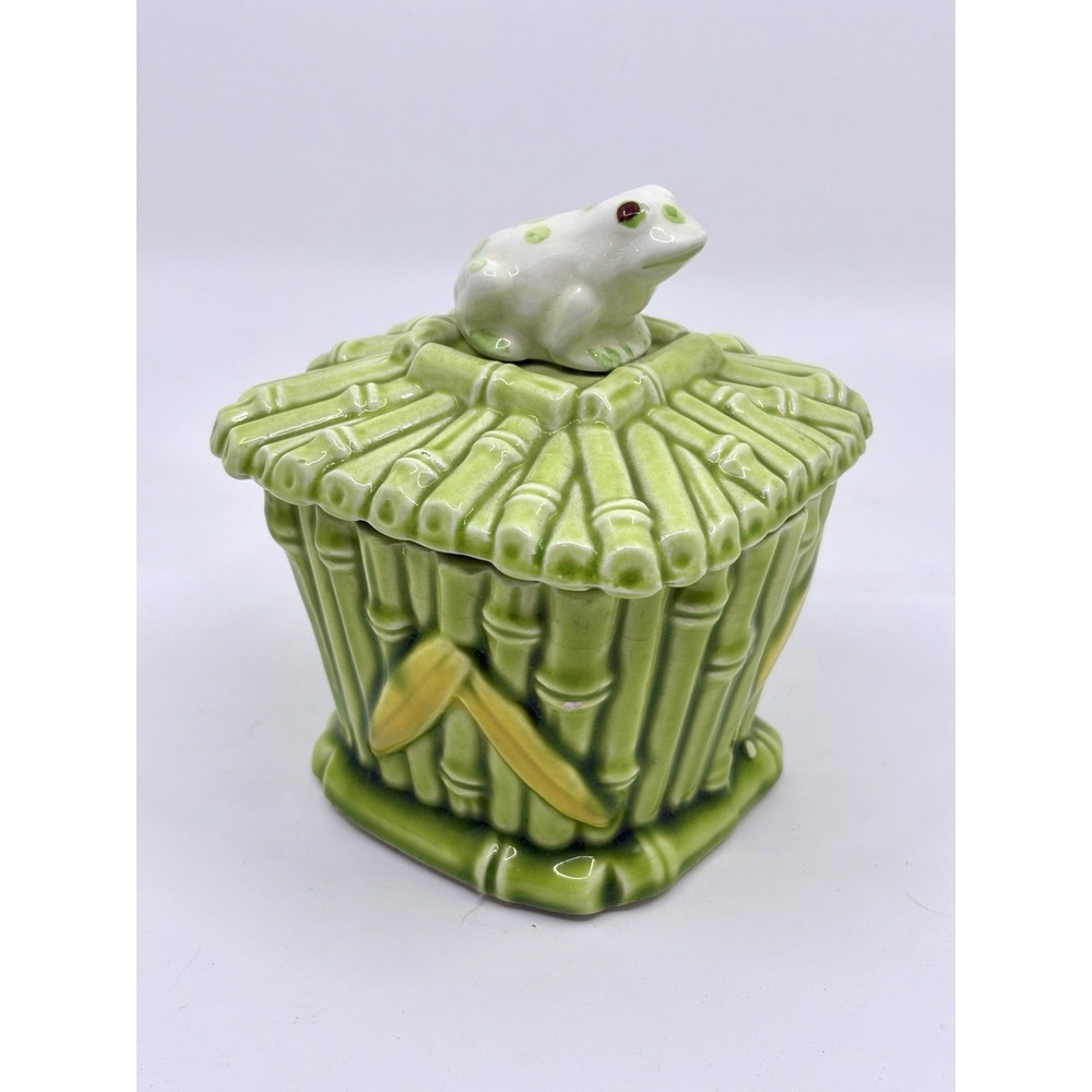 Vintage Ceramic Bamboo & Frog Lidded Jar